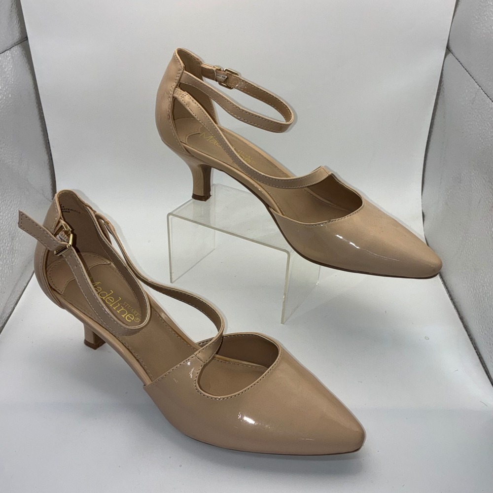 Madeline Stuart Ferra Nude Patent Womens 9M‎ Asymmetric Strap Kitten Heel Shoes